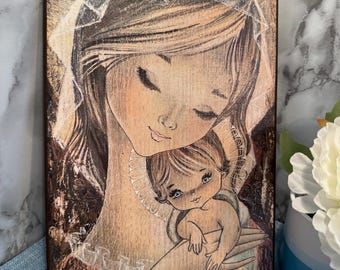 Vintage Madonna and Child Wall Plaque – Mid Century Religious Art on Wood, Signed, Catholic Home Decor