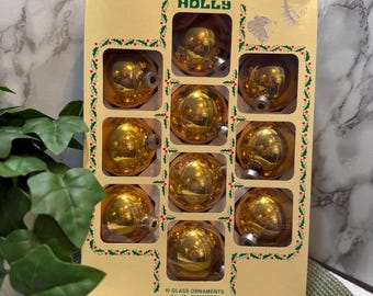 Vintage Holly Brand 12pc Gold Colored Shiny Glass Christmas Ornaments Original Box,  Retro Holiday Tree Decor