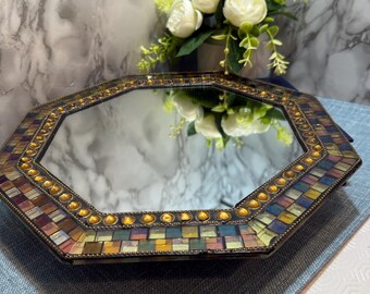 Bandeja de espejo con mosaico vintage, bandeja decorativa octogonal para tocador, acento de vidrio con mosaico colorido, decoración bohemia para el hogar, bandeja para exhibir joyas