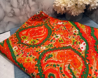 Vintage 1960s Psychedelic Orange Floral Paisley Fabric | Boho Mod Cotton Yardage for Sewing & Crafts  (100" x 30")