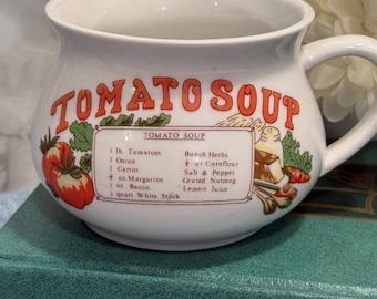 Vintage “Tomato Soup” ceramic soup mug or bowl with recipe print, tomato vegetable graphics, retro kitchen decor
