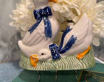 Vintage Duck Wall Hook Ceramic Goose Key Holder Blue Bow Country Farmhouse Kitchen Decor