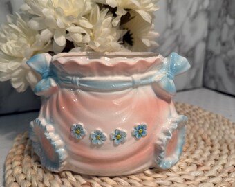Vintage Japan Pink and Blue Ceramic Planter – Baby Diaper Pot with Bows