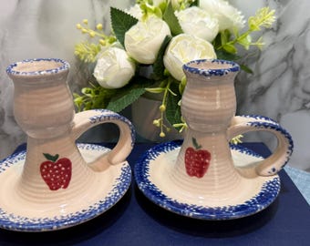 Vintage Ceramic Apple Candlestick Holders Pair Blue Rim Saucer Handmade Pottery
