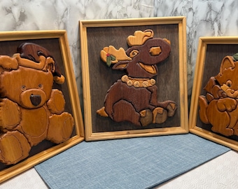 Vintage Handmade Wooden Intarsia Holiday Trio: Bear Moose Kitten Framed Wall Art, Christmas Rustic Decor, Vintage Style 3D Sculpture