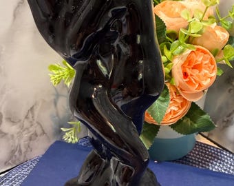 Vintage Black Ceramic Kissing Couple Sculpture, Romantic Lovers Statue, Mid Century Abstract Figurine, Art Deco Shelf Decor