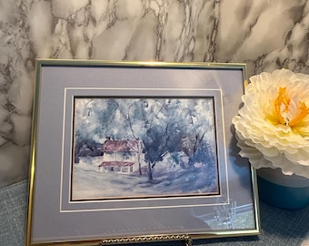 Vintage Watercolor Painting Framed | Cottage Landscape Art | Blue Mat | Gold Metal Frame | Wall Decor | Signed Original Artwork