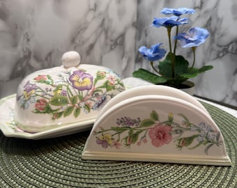 Vintage Floral Ceramic Butter Dish & Matching Napkin Holder Set Pansy Flowers Green Trim White Ceramic Kitchen Table Decor