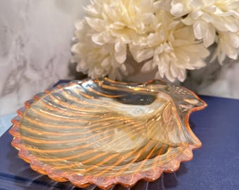 Vintage Iridescent Peach Shell Glass Candy Dish with Raised Grapes Fruit Motif, Coastal Vanity Trinket Bowl