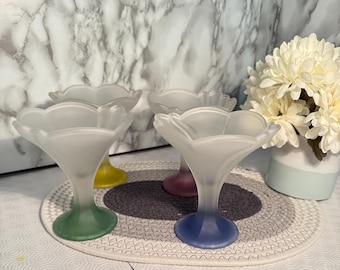 Vintage Set of 4 Pastel Frosted Glass Dessert Cups – Multi-Colored Stem Pedestal Bowls - Scalloped Rims