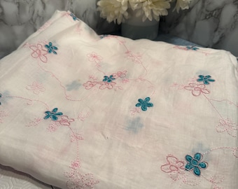 Vintage pastel floral embroidered sheer fabric, white voile, cottagecore sewing, shabby chic decor (115" x 55")