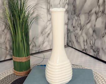 Vintage White Milk Glass Bud Vase with Ribbed Base, Mid Century Decor