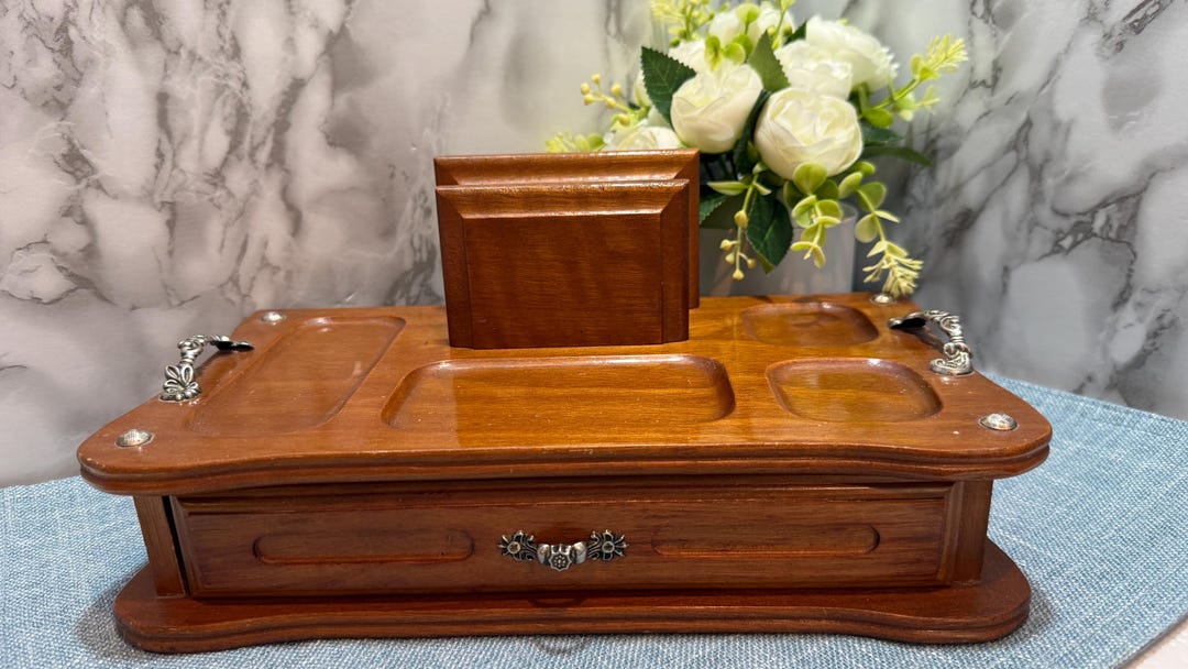 Vintage Wooden Desktop Organizer With Drawer and Card Holder, Office ...