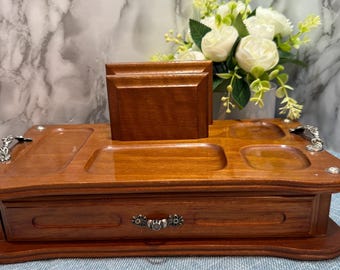 Vintage Wooden Desktop Organizer with Drawer and Card Holder, Office Desk Caddy, Mid Century Style Wood Storage Tray, Home Office Decor