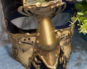 Vintage Venetian Carnival Mask Black Gold Music Notes Venice Gondola Painting Baroque Bauta Masquerade Mask Half Face Collectible Decor