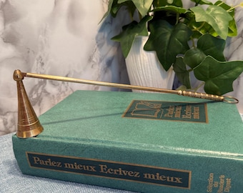 Vintage Brass Candle Snuffer – Long Handle Cone Snuffer for Taper or Pillar Candles, French Country Decor, Patina Brass Candle Accessory
