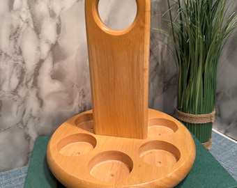 Vintage Wooden Lazy Susan Caddy with Handle – 6 Recessed Wells Rotating Organizer Tray, Spice Rack