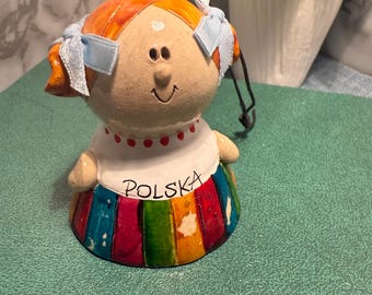 Vintage Polish Folk Art Bell Ornament | Hand-Painted Ceramic Poland Girl Figurine | Colorful Polska Souvenir |  Collectible Home Decor