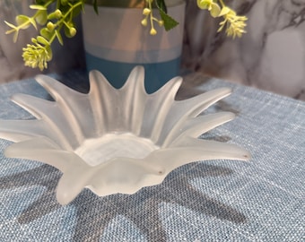 Vintage Frosted White Starburst Glass Dish Candle Holder Votive Compote Satin Art Glass Star Shaped