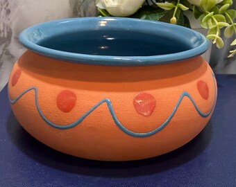 Vintage Salsa Bowl, Hand Decorated Terra Cotta and Aqua Glaze Southwestern Serving Bowl, 5 Inch