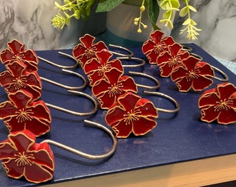 Vintage Y2K Red Hibiscus Flower Enamel Shower Curtain Hooks Set of 12