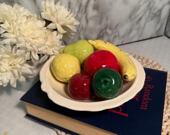 Vintage Ceramic Fruit Bowl Centerpiece, Hand-Painted Faux Fruit Display