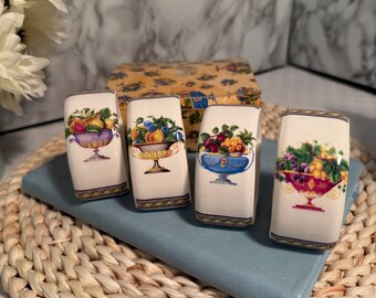 Vintage Casa Elite Ceramic Fruit Basket Napkin Ring Set – Boxed Set of 4