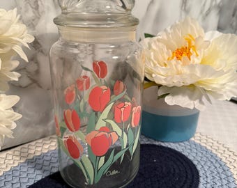 Vintage Tulip Flower Glass Jar by Cutler – Retro Floral Kitchen Canister with Lid