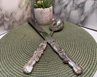 Vintage Godinger Silver Plate Violin Handle Serving Set - Knife, Fork & Spoon - Musical Instrument Flatware, Ornate Baroque Style Utensils