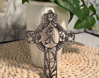 Pewter First Communion Cross with Praying Girl – JCC 2000 Vintage Wall Decor