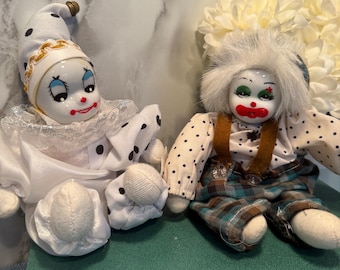 Muñeco payaso vintage (1), mono a cuadros y saco de arena Pierrot con lunares blancos y negros, colección de caras de cerámica, decoración de circo de los años 80