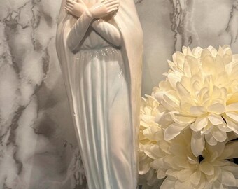 Vintage Ceramic Madonna Style Statue, White Glazed Religious Figurine, Crossed Arms, Shabby Cottage Catholic Decor, Spiritual Gift