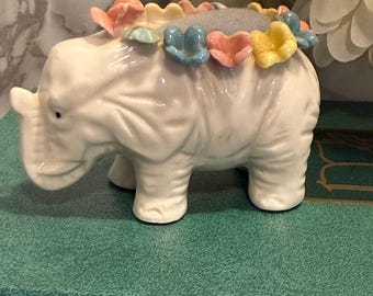 Vintage Ceramic Elephant Pin Cushion Pastel Flower Sewing Collectible Vanity Decor