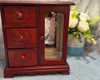 Vintage Wood Jewelry Cabinet with Mirror, Small Tabletop Organizer, Heart Drawer Accent Storage, Jewelry Chest, Bedroom Vanity Decor
