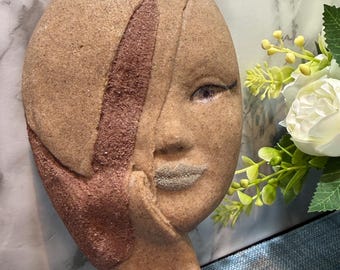 Vintage Abstract Tan Face Mask Sculpture Brown Stripe Purple Eye Green Lips Wall Hanging