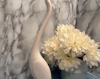 Vintage white ceramic crane / goose figurine, tall long neck bird statue, minimalist mid century modern home decor