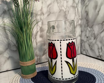 Vintage Hand-Painted Glass Tulip Pitcher – Unique Spring Red Floral Jug, Home Kitchen Decor