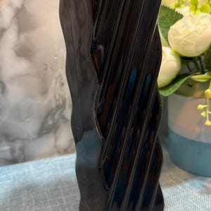 May include: A tall, glossy black vase with a unique, twisted design. The vase has a smooth, curved shape on one side and a series of diagonal ridges on the other. It is a decorative item, suitable for displaying flowers or as a standalone art piece.