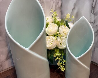 Vintage Mid Century Modern Ceramic Vases Set Of 2 Blue Geometric Tall Flower Vases