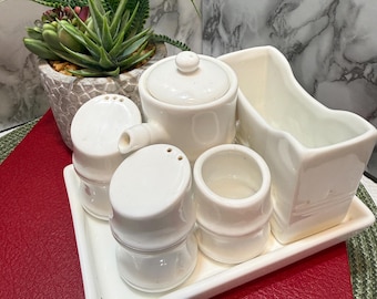 Vintage White Ceramic Condiment Set with Tray Salt Pepper Shakers Oil Vinegar Cruet Jars  Spice Organizer Kitchen Collectible