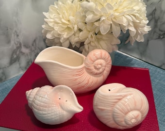 Vintage Pink Seashell Creamer with Salt and Pepper Shakers, Otagiri Style Coastal Ceramic Shell Tableware Set