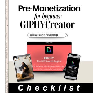 Puede incluir: Imagen promocional para GIPHY Creator, con un portátil, una tableta y un smartphone que muestran el logotipo y el sitio web de GIPHY. El texto incluye "Pre-Monetization for beginner GIPHY Creator" y "600 Million GIPHY Views Method."