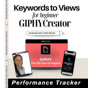 Puede incluir: Imagen promocional con el texto "Keywords to Views for beginner GIPHY Creator". Presenta un portátil, una tableta y un smartphone que muestran el logotipo de GIPHY y el retrato de una mujer. La imagen también incluye el texto "Performance Tracker".