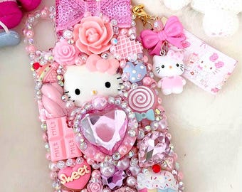 Kitty cute pink bling custom decoden phone case for iphone samsung