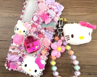 Funda para teléfono con brillantina y diamantes de imitación de gatito rosa kawaii