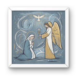 May include: A framed religious art print depicting an angel offering a lily to a kneeling figure. The artwork features a dove, gold accents, and a blue background. The image is framed in a white square frame.