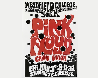 Może przedstawiać: Plakat koncertowy w stylu vintage dla Pink Floyd, z odważnymi czerwonymi i czarnymi literami na białym tle. Plakat zawiera nazwę zespołu, miejsce i datę: piątek, 3 maja, z godzinami i cenami biletów.