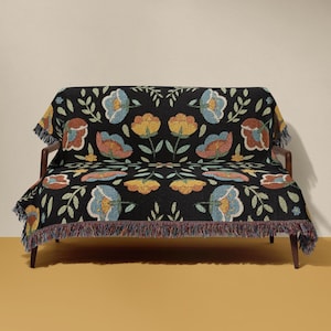 Folk Floral Woven Throw | Dark Floral Throw | Boho Floral Pattern Woven Blanket | Floral Mosaic Tapestry