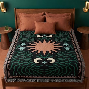 Dark Boho Sunburst Blanket | Dark Botanical Throw | Whimsigoth Celestial Throw