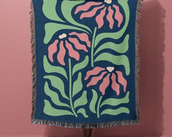 Abstrakte Matisse Blumenwurfdecke | Gewebte Tapisserie in Pink & Salbei | Boho Decke werfen